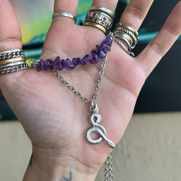 Set ! Amethyst double layer necklace snake + matching earrings boho goth celtic - Picture 7 of 11